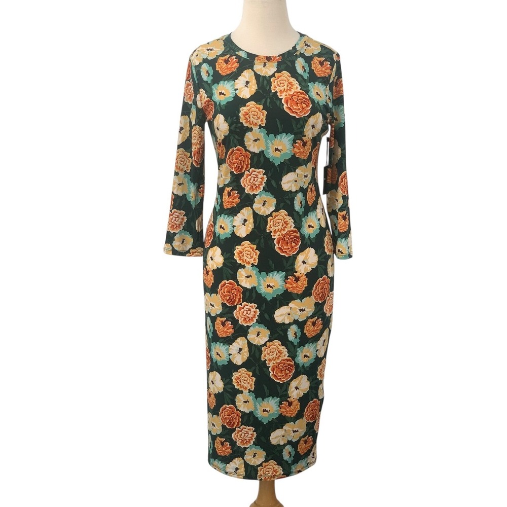 Forever 21 Contemporary 3/4 Sleeve Midi Dress Green Orange Yellow Floral Size L
